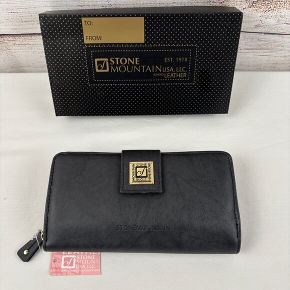 Stone Mountain Black Bonded Leather Wallet Checkbook Bifold Zip Around - Picture 1 of 11